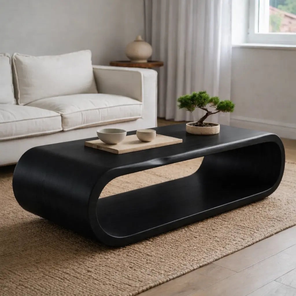 Sculptural Walnut Coffee Table with Curved Design and Open Shelf, Modern Living Room Decor Kitchnce