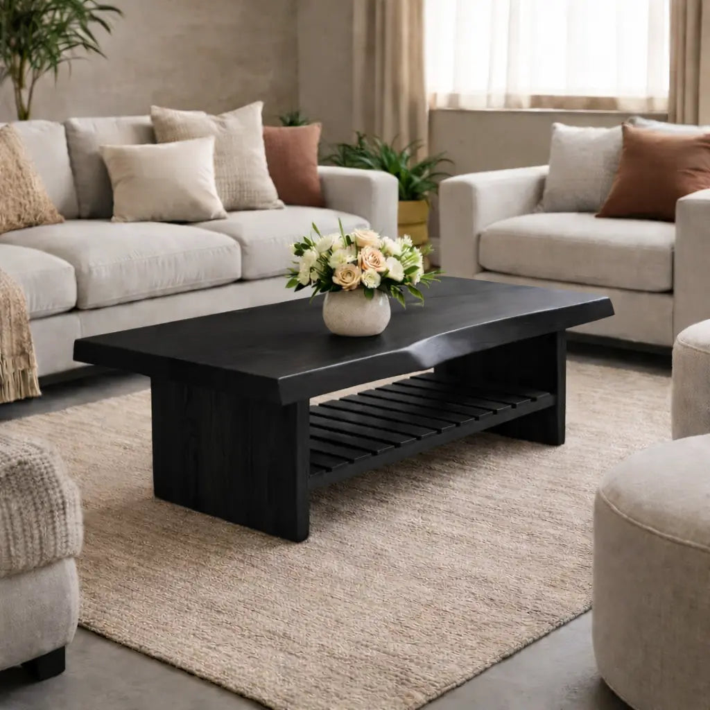 Live Edge Walnut Coffee Table with Slatted Shelf, Natural Modern Design for Living Room Kitchnce