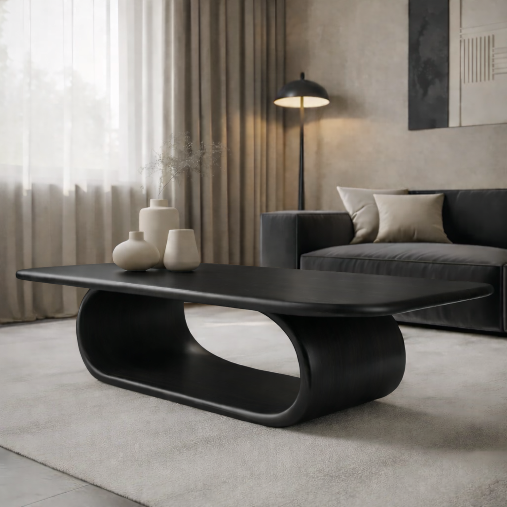 Sculptural Walnut Coffee Table with Curved Design and Open Shelf, Modern Living Room Décor Kitchnce