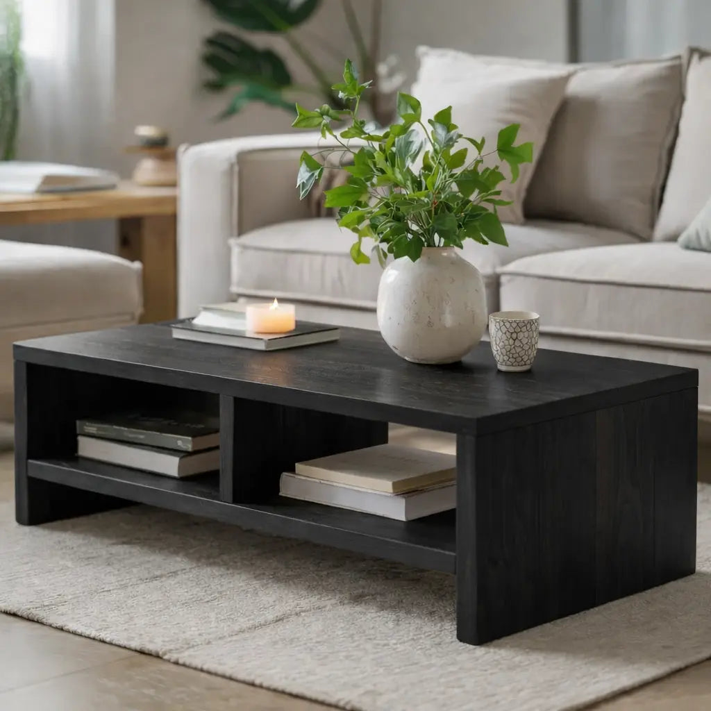 Solid Wood Coffee Table with Open Storage, Rustic Design for Living Room and Décor Kitchnce