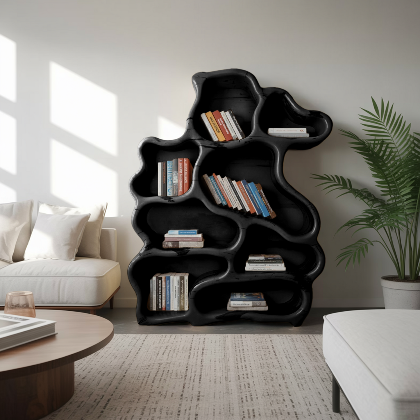 Organic Modern Bookshelf With Carved Design For Living Room And Home Library Kitchnce