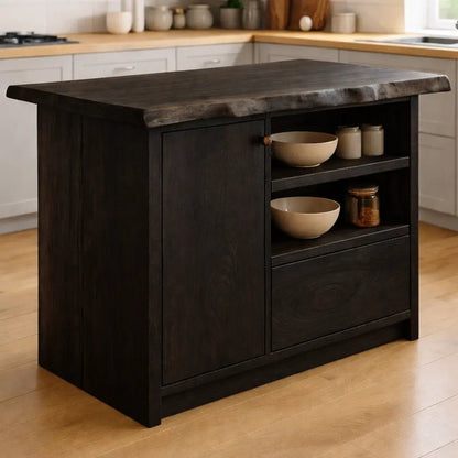 Solid Wood Kitchen Island with Cabinet and Open Shelves, Modern Oak Kitchen Prep Table Kitchnce