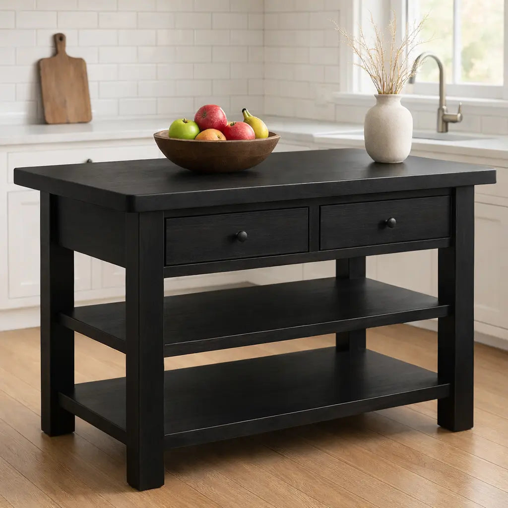 Solid Walnut Kitchen Island Table with Drawers and Shelves, Wooden Kitchen Prep Station Kitchnce