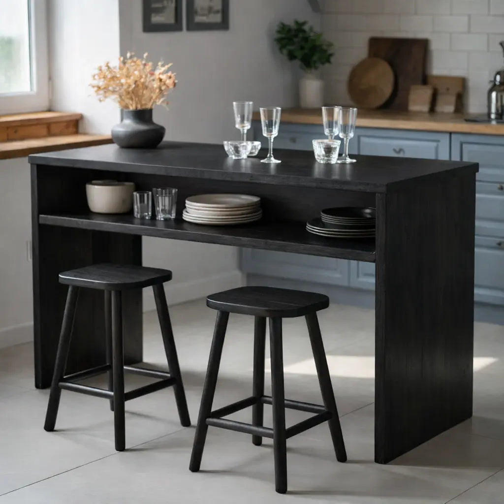 Modern Solid Wood Kitchen Island with Open Shelf Storage and Breakfast Bar Table Kitchnce