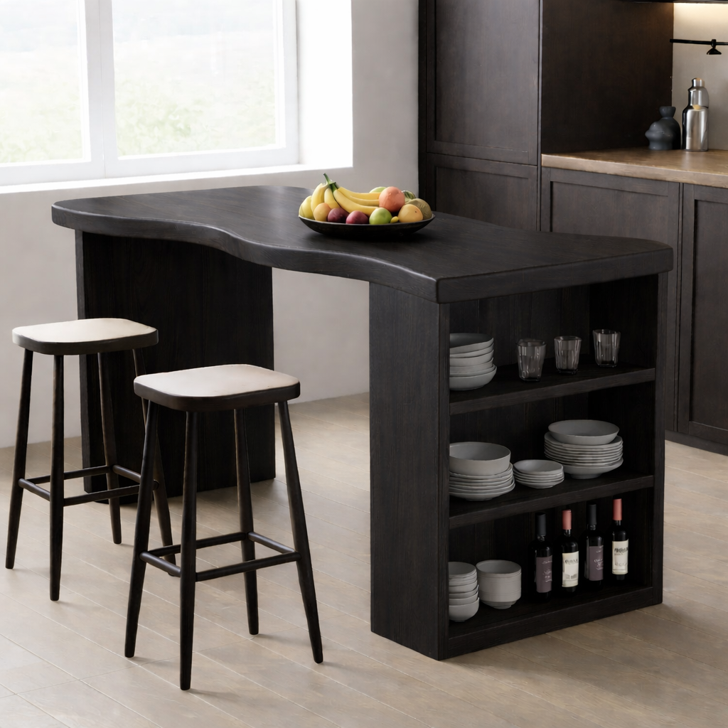 Solid Wood Kitchen Island with Curved Edge Top and Open Shelf Storage Breakfast Bar