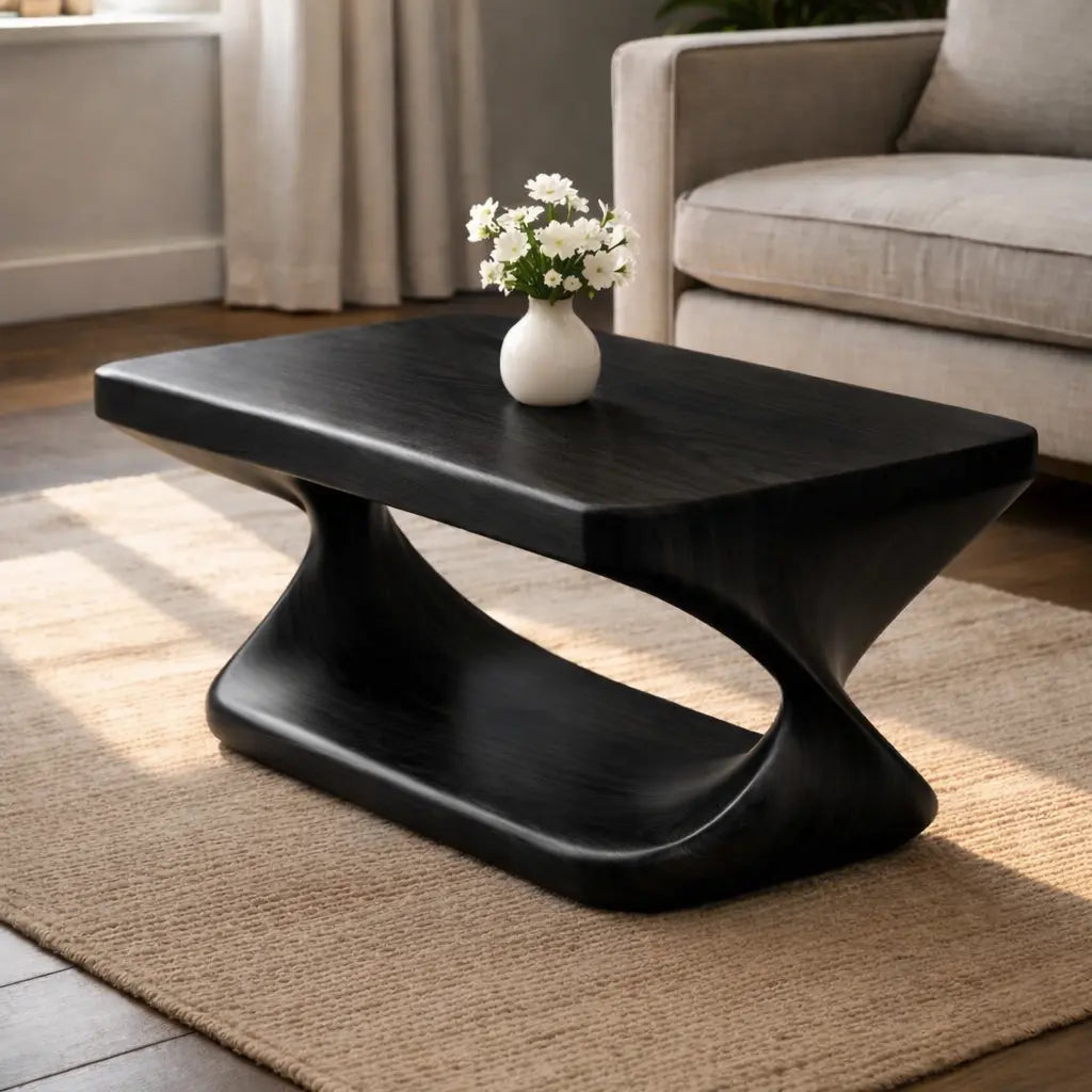 Modern Solid Wood Coffee Table with Sculptural Curved Base and Rectangular Wood Top Kitchnce