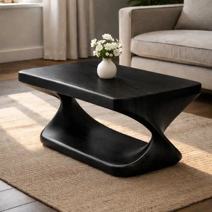 Modern Solid Wood Coffee Table with Sculptural Curved Base and Rectangular Wood Top Kitchnce