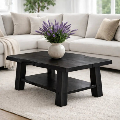 Solid Wood Coffee Table with Storage Shelf Rustic Wooden Living Room Table Kitchnce