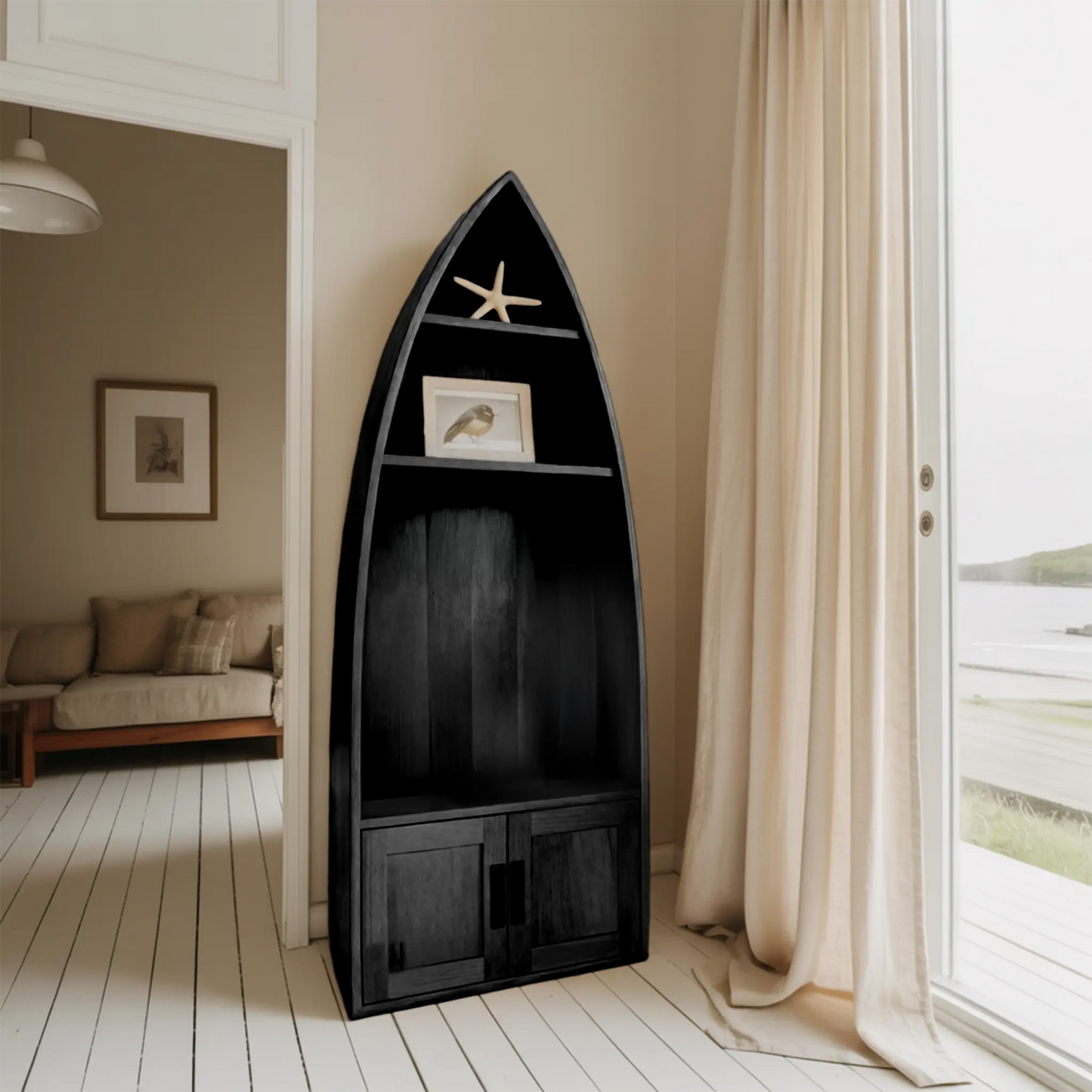 Coastal Boat Shaped Shelf With Glass Rack For Beach House And Living Room Kitchnce
