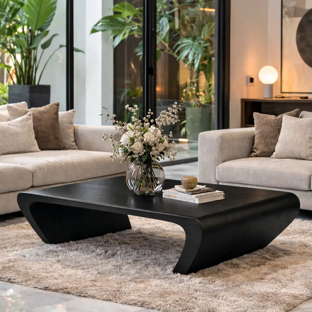 Modern Solid Wood Coffee Table with Sculptural Curved Base Minimalist Living Room Table Kitchnce