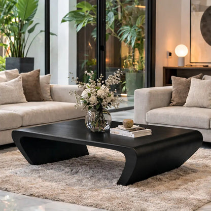 Modern Solid Wood Coffee Table with Sculptural Curved Base Minimalist Living Room Table Kitchnce