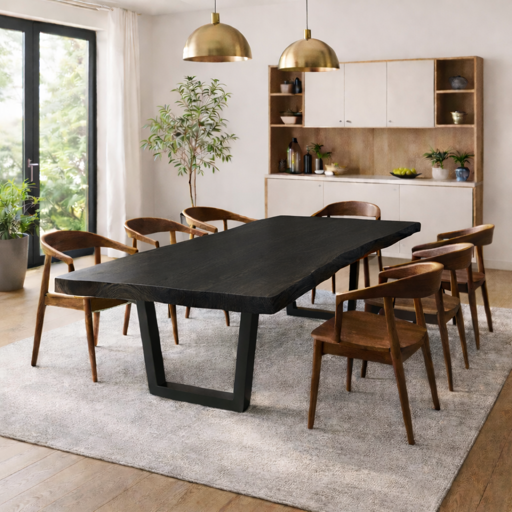 Modern Solid Walnut Dining Table with Black U-Shaped Steel Legs for Minimalist Interiors