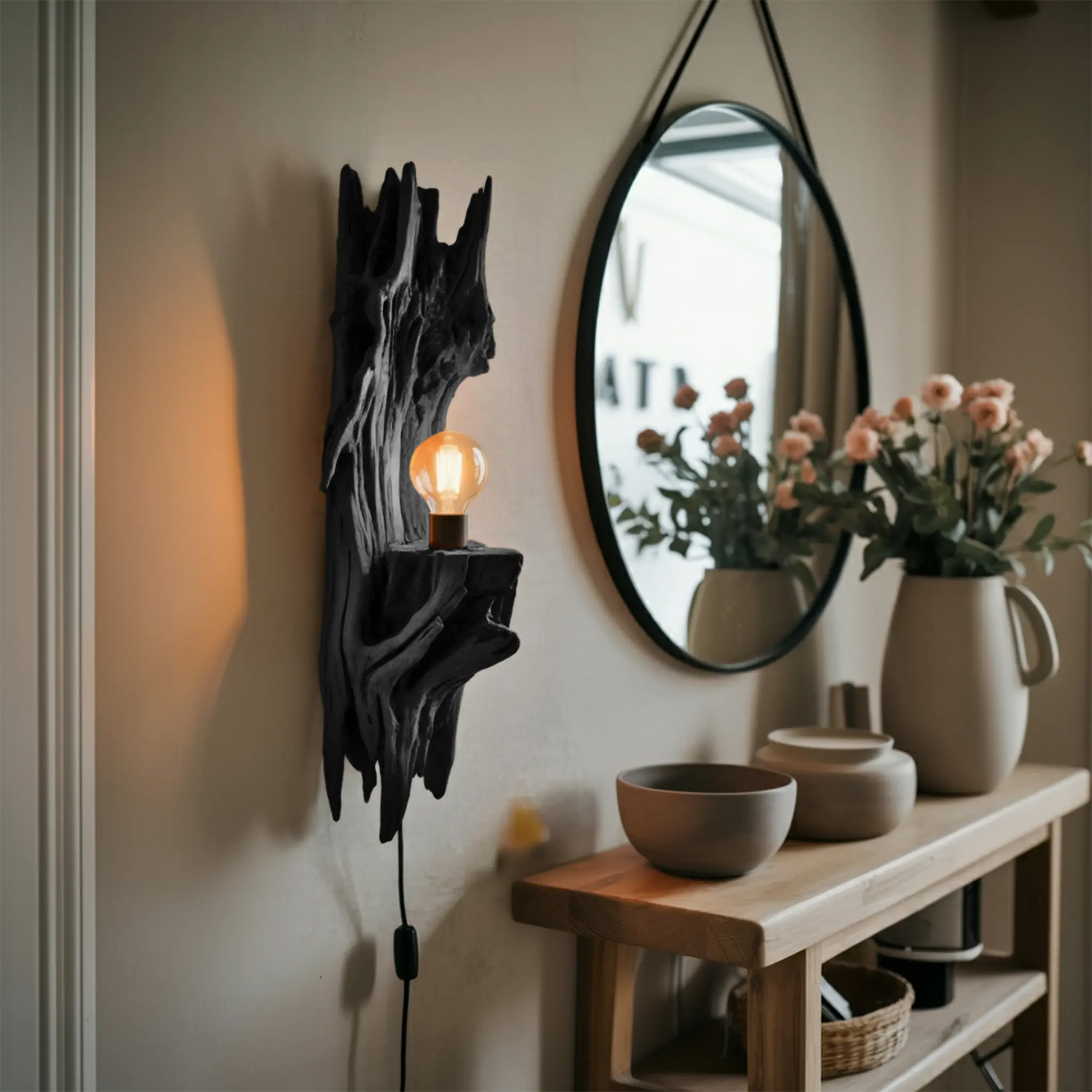 Rustic Driftwood Wall Lamp With Sculpted Form For Bedroom Or Living Room Kitchnce