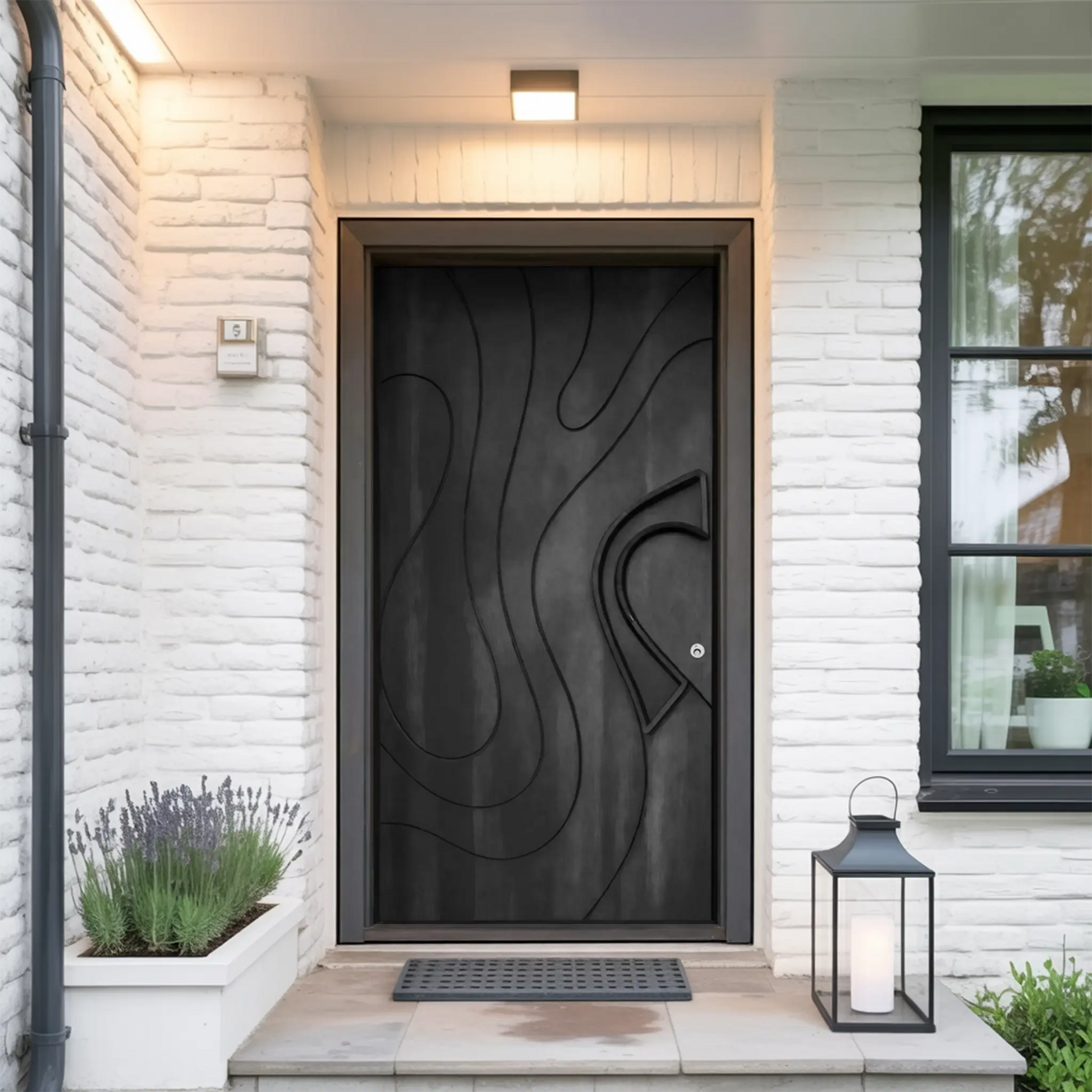 Modern Sculpted Door With Abstract Carving For Entryway And Contemporary Exterior Kitchnce