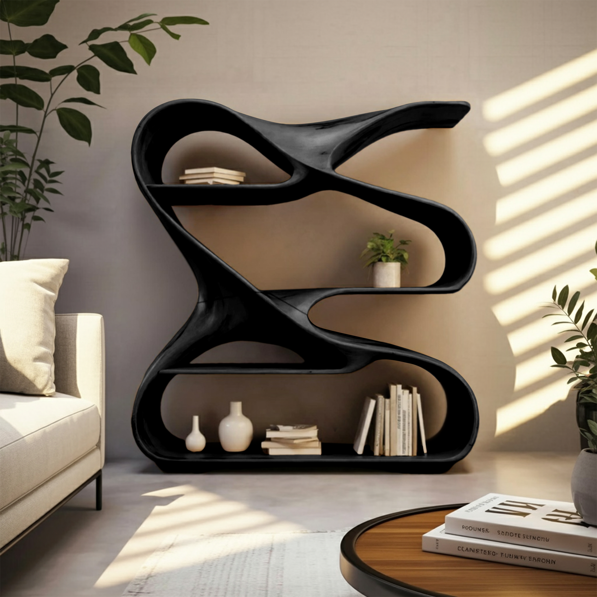 Modern Sculptural Wooden Bookshelf For Living Room Or Office Display Kitchnce