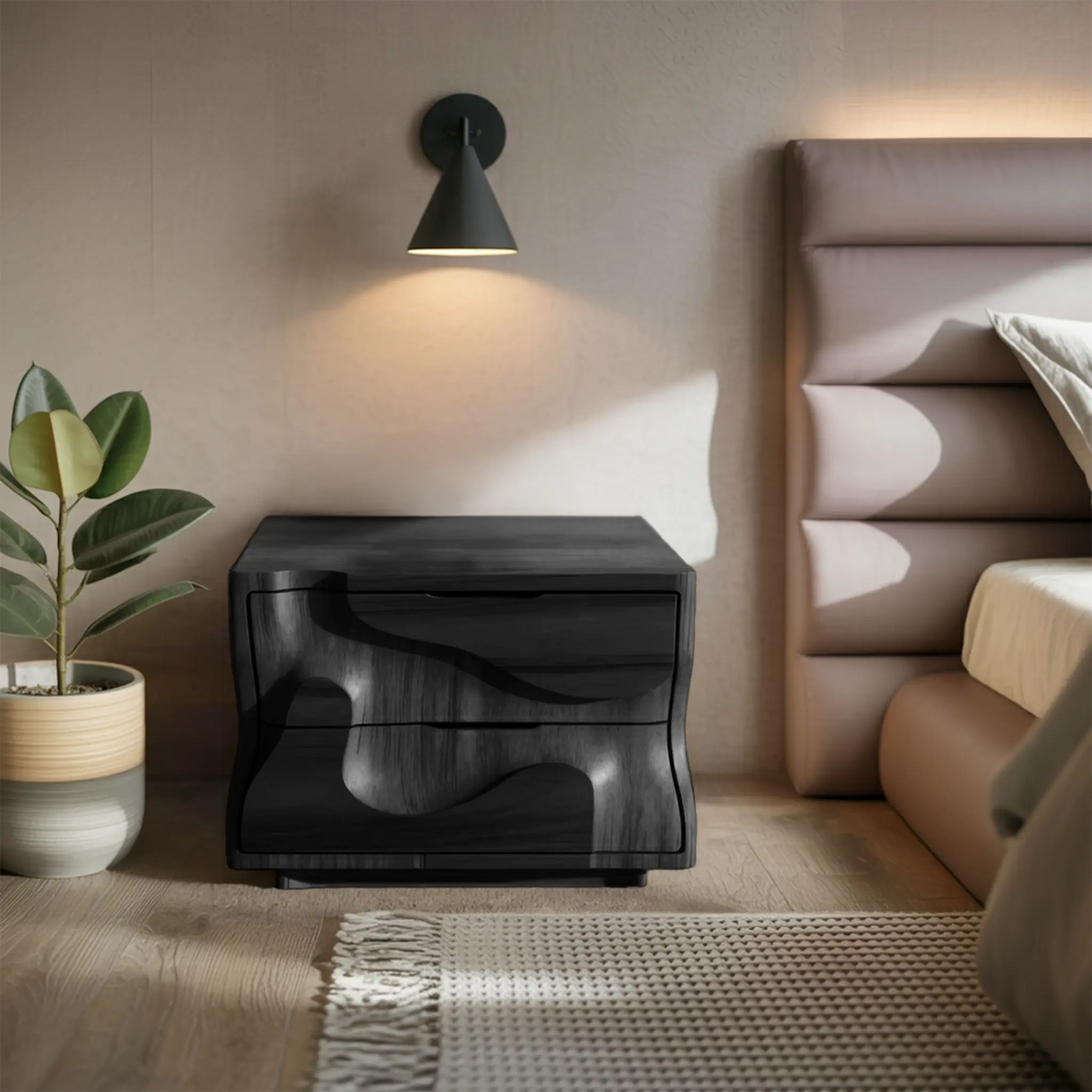 Modern Wavy Nightstand with Carved Drawer Cabinet For Bedroom And Living Room Kitchnce