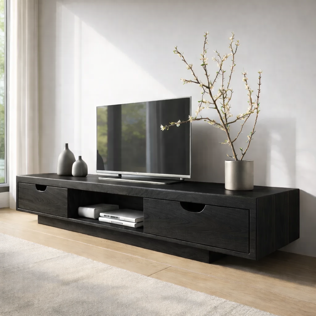Walnut Wood TV Stand with Drawers – Modern Solid Wood Media Console Cabinet Kitchnce