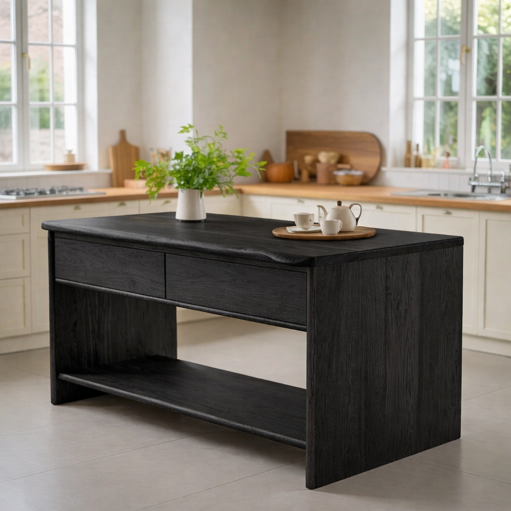 Modern Solid Wood Kitchen Island with Drawer and Open Shelf Storage Prep Table