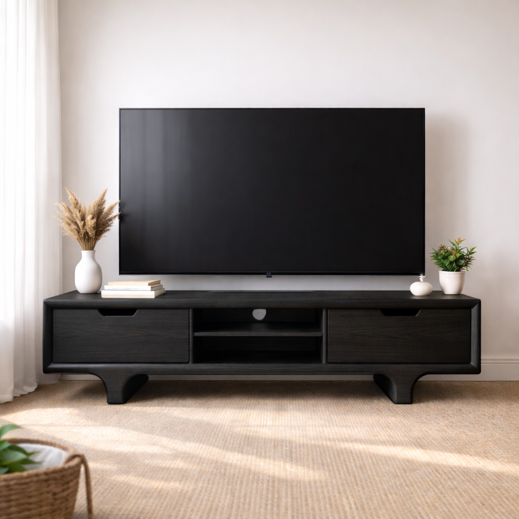 Mid Century Walnut Wood TV Stand with Drawers – Solid Wood Media Console Cabinet Kitchnce