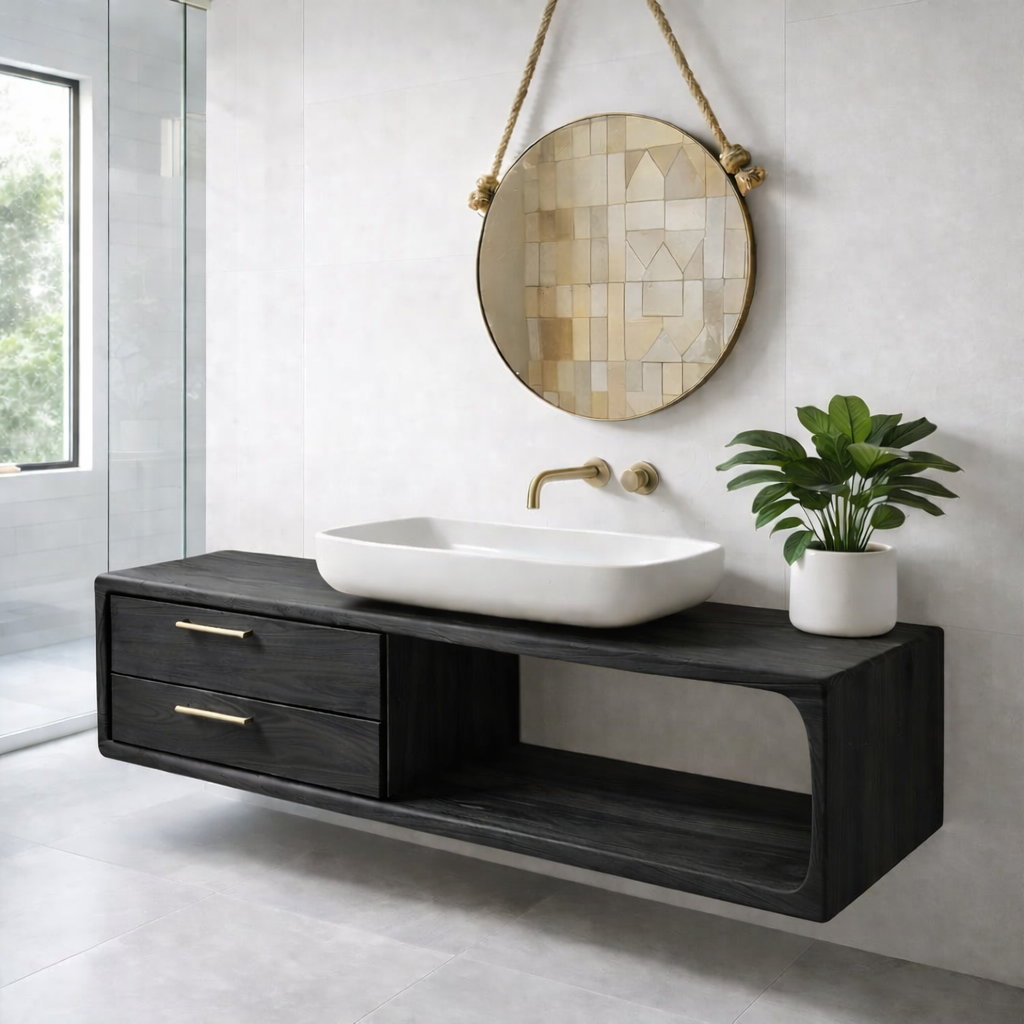 Modern Solid Wood Floating Bathroom Vanity with Double Drawers and Open Shelf Kitchnce