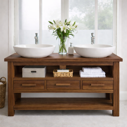 Solid Oak Double Bathroom Vanity with Storage for Spacious Bathrooms Kitchnce