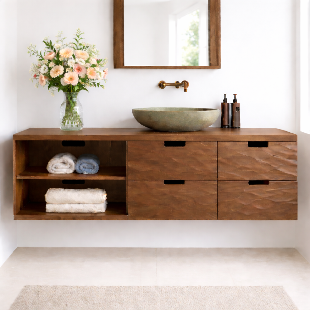 Floating Solid Wood Bathroom Vanity with Textured Drawer Fronts and Open Shelf – Modern Rustic Wall Mounted Vanity Kitchnce