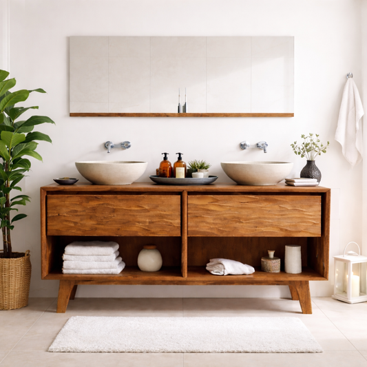 Mid-Century Solid Wood Double Bathroom Vanity with Sculpted Wave Drawer Fronts and Open Storage Kitchnce