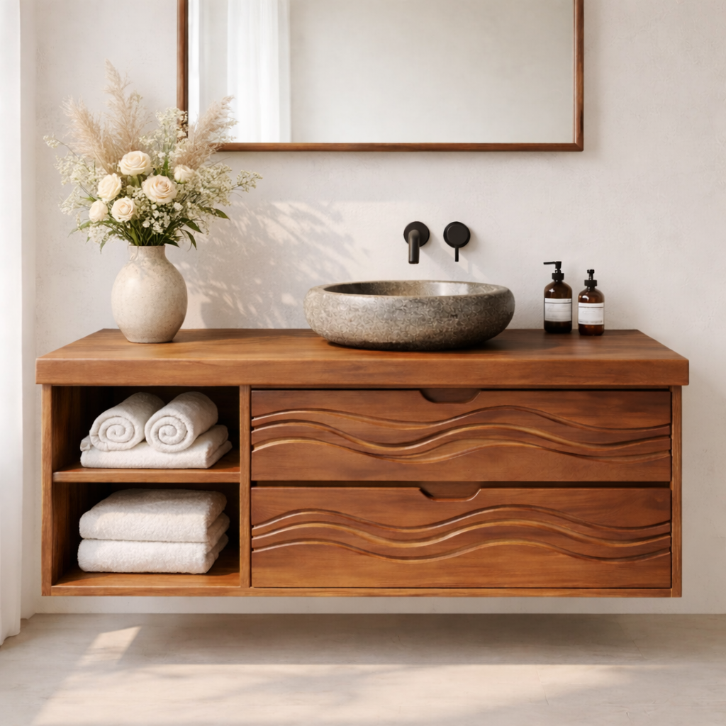 Floating Solid Wood Bathroom Vanity with Wave Drawer Front, Wall Mounted Wood Vanity with Open Shelf