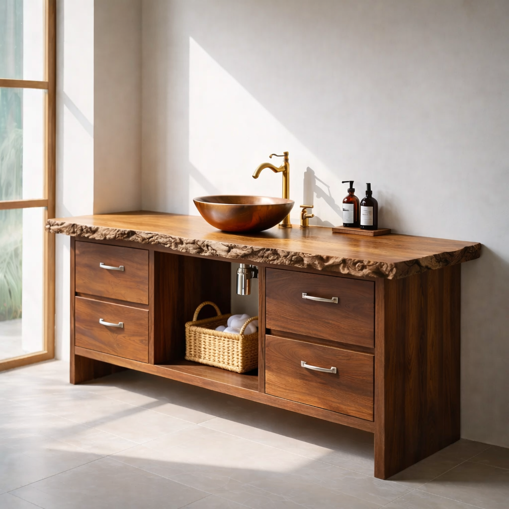 Rustic Solid Wood Bathroom Vanity with Live Edge Countertop Kitchnce