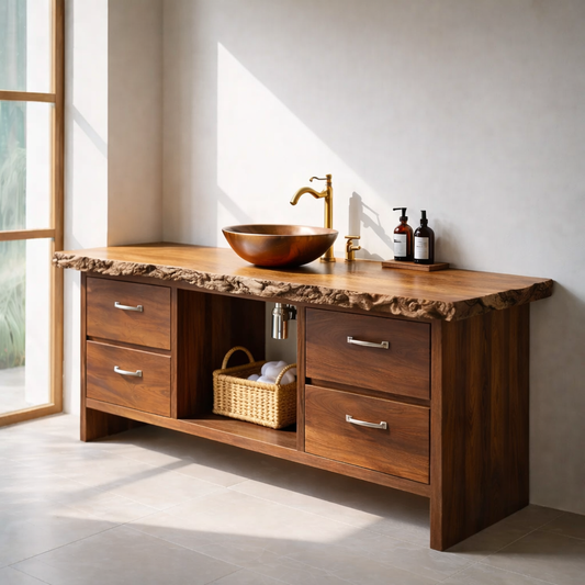 Rustic Solid Wood Bathroom Vanity with Live Edge Countertop Kitchnce