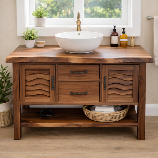 Solid Wood Bathroom Vanity with Sculpted Wave Doors and Open Shelf Kitchnce