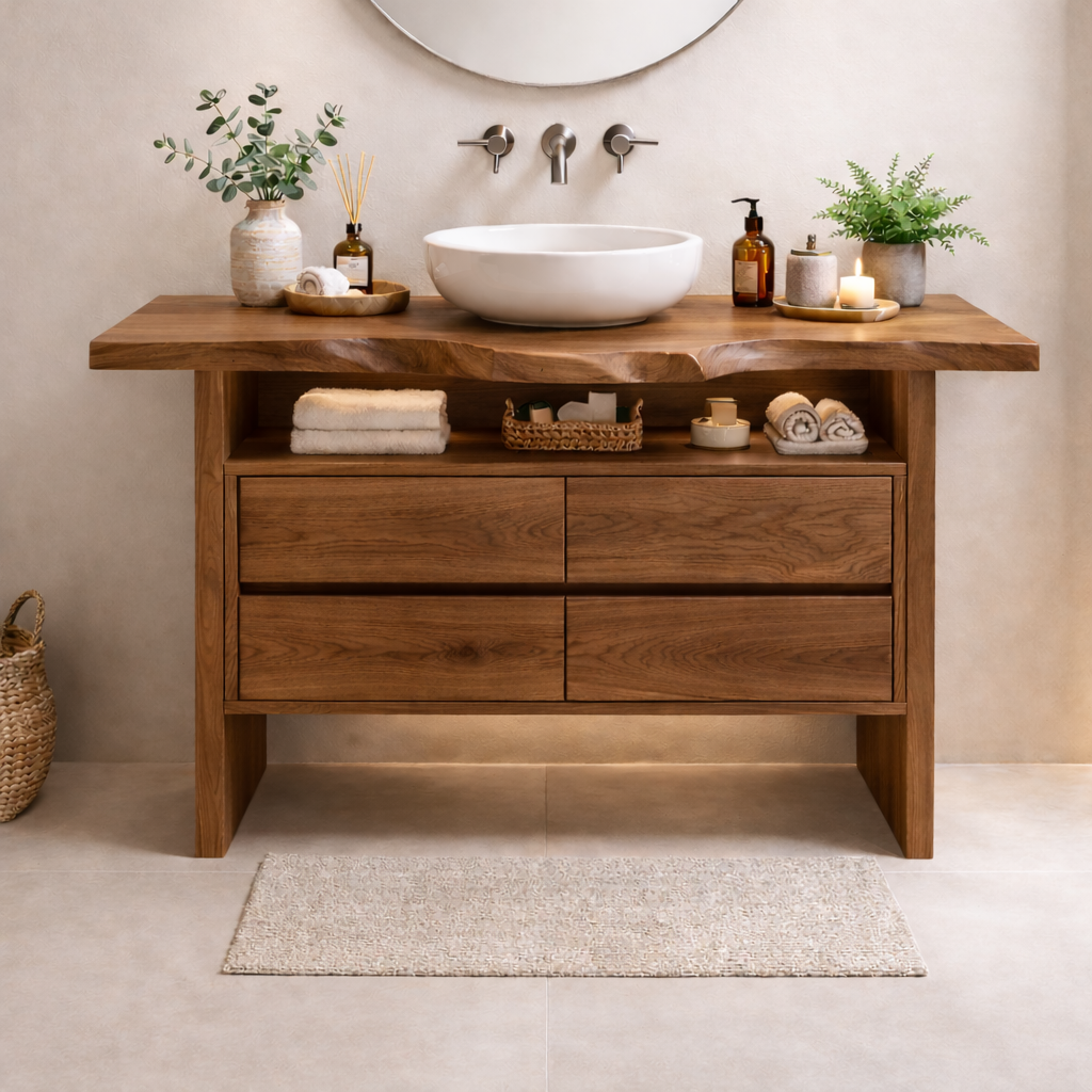 Solid Wood Bathroom Vanity with Open Shelf and Four Drawers Kitchnce