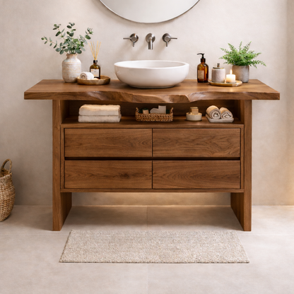 Solid Wood Bathroom Vanity with Open Shelf and Four Drawers Kitchnce