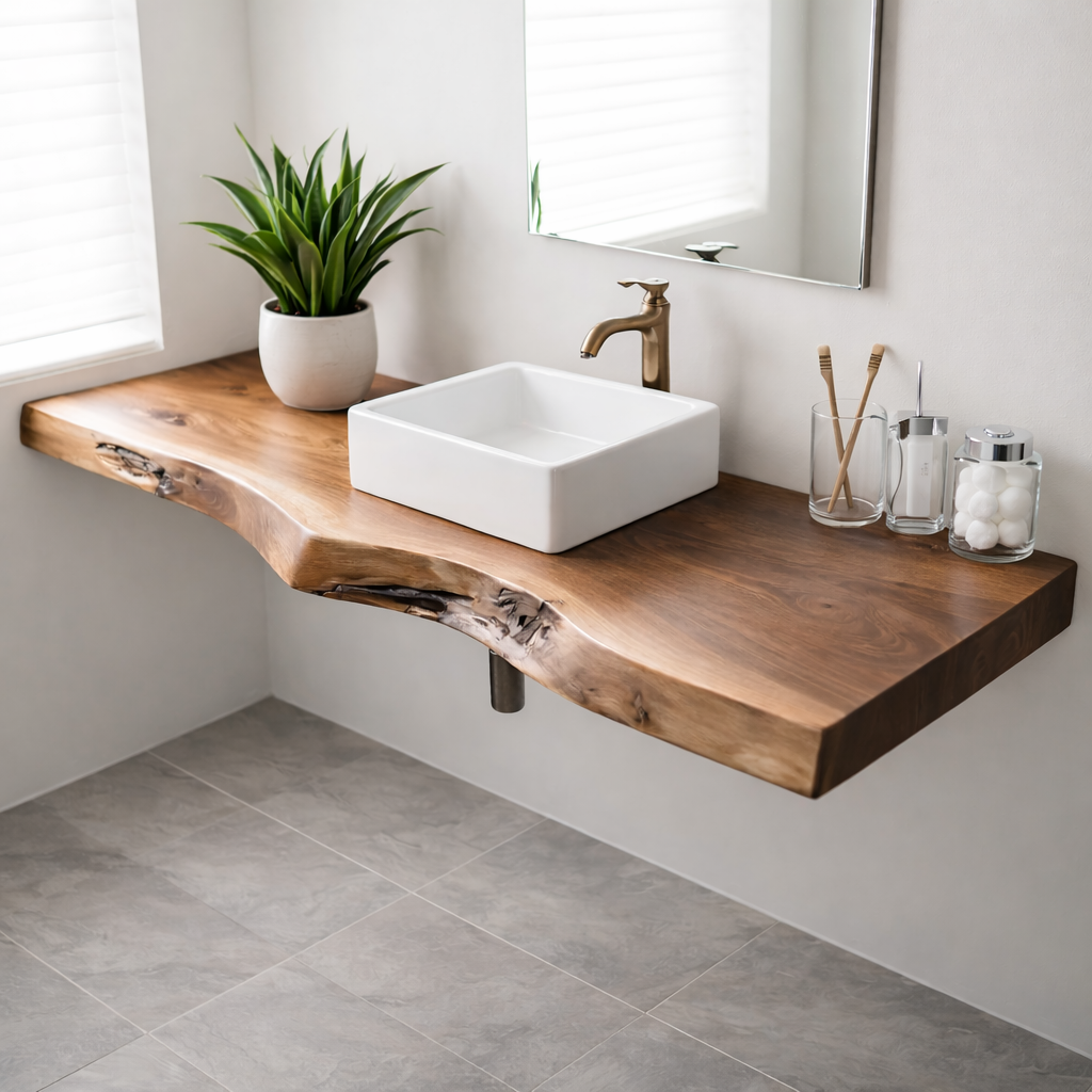 Floating Live Edge Solid Wood Bathroom Shelf Wall Mounted Natural Wood Vanity Top Kitchnce