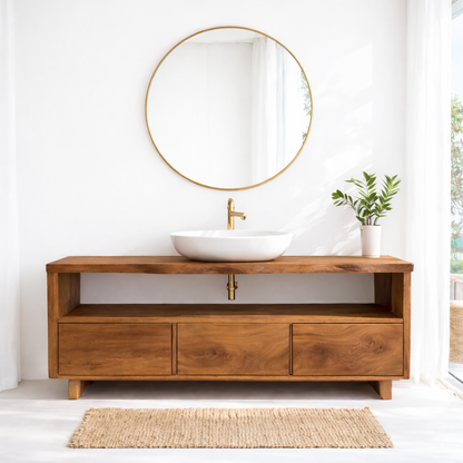 Solid Wood Bathroom Vanity with Open Shelf and Three Drawers – Rustic Freestanding Wood Vanity Cabinet Kitchnce