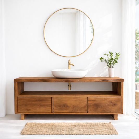 Solid Wood Bathroom Vanity with Open Shelf and Three Drawers – Rustic Freestanding Wood Vanity Cabinet Kitchnce