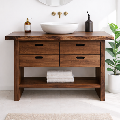 Solid Wood Bathroom Vanity Cabinet with Live Edge Top, 4 Drawers and Open Storage Shelf Kitchnce