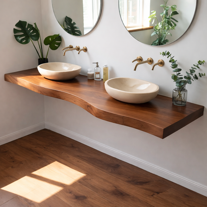 Floating Live Edge Solid Wood Double Sink Bathroom Vanity Top – Rustic Wall Mounted Wood Countertop Kitchnce