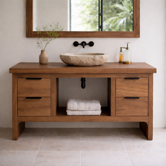 Rustic Soild Wood Bathroom Vanity with Drawers and Open Shelf for Contemporary Kitchnce