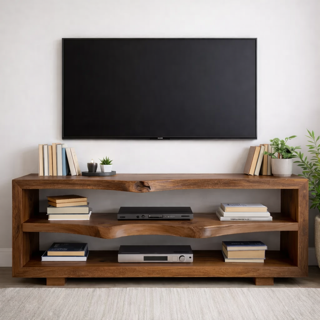 Rustic Solid Wood TV Stand with Open Shelves for Modern Living Rooms Kitchnce