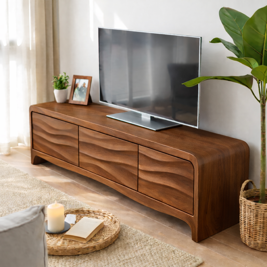 Solid Wood TV Stand with Wave Front Drawers for Modern Living Spaces Kitchnce