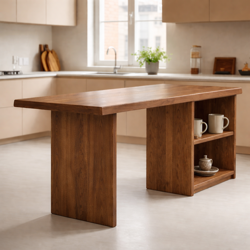 Solid Wood Kitchen Island with Open Shelf Storage and Spacious Prep Table