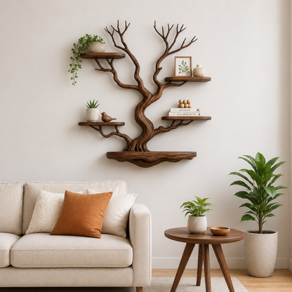 Handcrafted Solid Wood Tree Wall Shelf with Floating Display Shelves