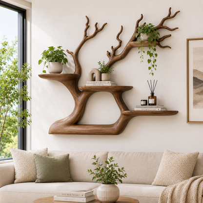 Handcrafted Solid Wood Tree Bookshelf with Floating Shelves