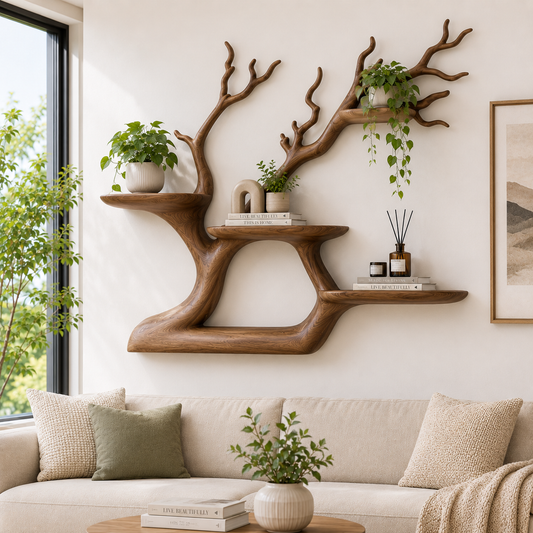 Handcrafted Solid Wood Tree Bookshelf with Floating Shelves