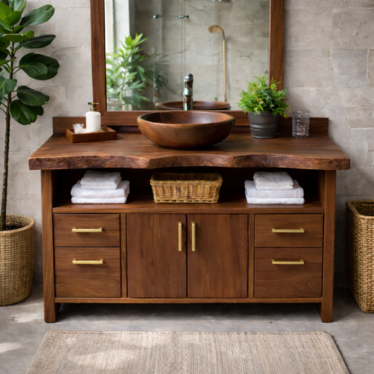 Live Edge Solid Wood Bathroom Vanity with Four Drawers, Double Cabinet Doors and Open Shelf Kitchnce