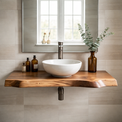 Floating Live Edge Solid Wood Bathroom Vanity – Wall Mounted Natural Wood Slab Vanity Kitchnce