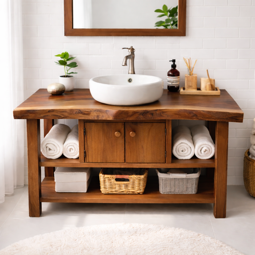 Live Edge Solid Wood Bathroom Vanity with Open Shelves and Storage Cabinet – Rustic Modern Bathroom Vanity Kitchnce