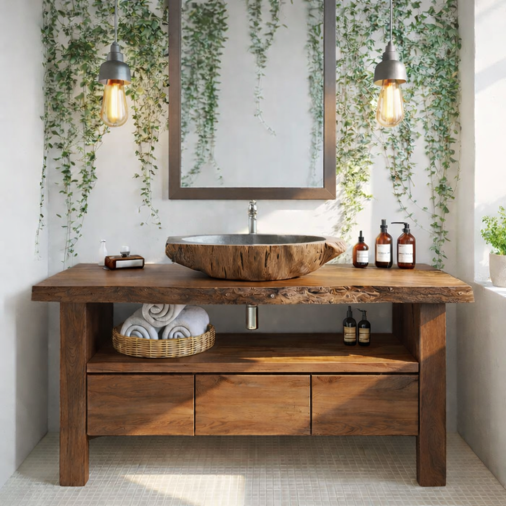 Live Edge Solid Wood Bathroom Vanity with Drawers and Open Shelf – Rustic Natural Wood Bathroom Vanity Kitchnce