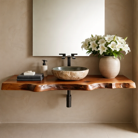 Floating Live Edge Solid Wood Bathroom Vanity Shelf – Natural Wood Slab Wall Mounted Countertop Kitchnce